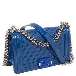 Pre Owned Chanel Blue Quilted Patent Leather Medium Plexiglass Boy Flap Bag