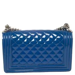 Pre Owned Chanel Blue Quilted Patent Leather Medium Plexiglass Boy Flap Bag