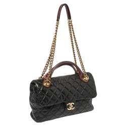 Pre Owned Chanel Black/Burgundy Quilted Glazed Leather Medium Castle Rock Top Handle Bag