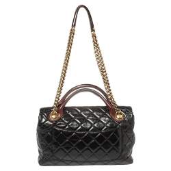 Pre Owned Chanel Black/Burgundy Quilted Glazed Leather Medium Castle Rock Top Handle Bag