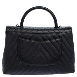 Pre Owned Chanel Black Chevron Leather Large Coco Top Handle Bag