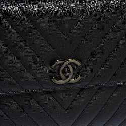 Pre Owned Chanel Black Chevron Leather Large Coco Top Handle Bag