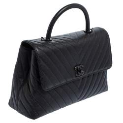 Pre Owned Chanel Black Chevron Leather Large Coco Top Handle Bag