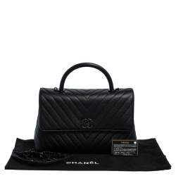 Pre Owned Chanel Black Chevron Leather Large Coco Top Handle Bag