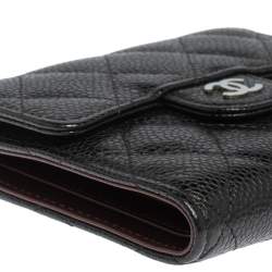 Pre Owned Chanel Black Caviar Quilted Leather Trifold Flap Wallet