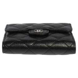 Pre Owned Chanel Black Caviar Quilted Leather Trifold Flap Wallet