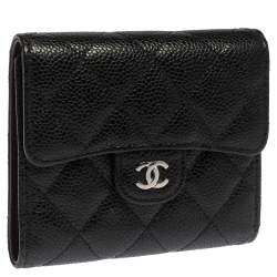 Pre Owned Chanel Black Caviar Quilted Leather Trifold Flap Wallet