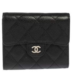 Pre Owned Chanel Black Caviar Quilted Leather Trifold Flap Wallet