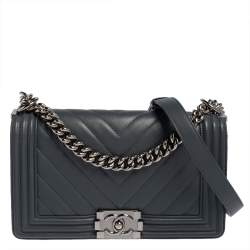 Pre Owned Chanel Grey Leather Medium Boy Flap Bag