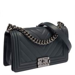 Pre Owned Chanel Grey Leather Medium Boy Flap Bag