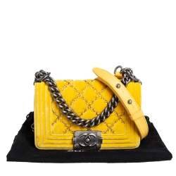 Pre Owned Chanel Yellow Quilted Velvet Small Boy Flap Bag
