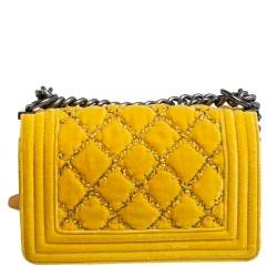 Pre Owned Chanel Yellow Quilted Velvet Small Boy Flap Bag