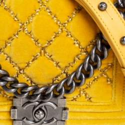 Pre Owned Chanel Yellow Quilted Velvet Small Boy Flap Bag
