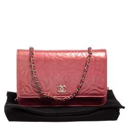 Pre Owned Chanel Pink Embossed Patent Leather Camellia WOC Clutch Bag
