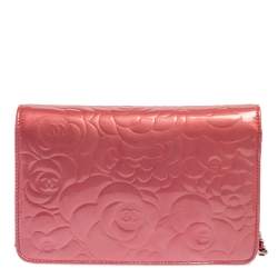 Pre Owned Chanel Pink Embossed Patent Leather Camellia WOC Clutch Bag