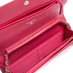 Pre Owned Chanel Pink Embossed Patent Leather Camellia WOC Clutch Bag