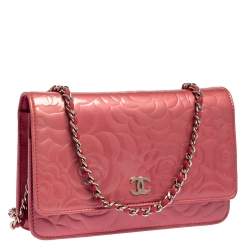 Pre Owned Chanel Pink Embossed Patent Leather Camellia WOC Clutch Bag