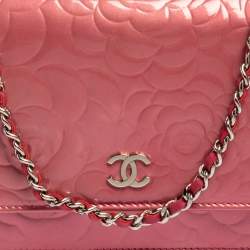 Pre Owned Chanel Pink Embossed Patent Leather Camellia WOC Clutch Bag
