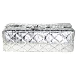 Pre Owned Chanel Silver Striped Quilted Leather Reissue 2.55 Classic 226 Flap Bag
