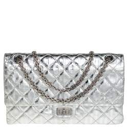Pre Owned Chanel Silver Striped Quilted Leather Reissue 2.55 Classic 226 Flap Bag