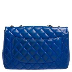 Pre Owned Chanel Blue Quilted Lambskin Leather Jumbo Classic Single Flap Bag