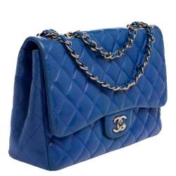 Pre Owned Chanel Blue Quilted Lambskin Leather Jumbo Classic Single Flap Bag