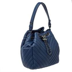 Pre Owned Chanel Blue Chevron Leather Drawstring Bucket Bag 