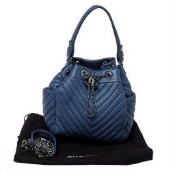 Pre Owned Chanel Blue Chevron Leather Drawstring Bucket Bag 