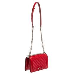 Pre Owned Chanel Red Quilted Patent Leather Medium Boy Flap Bag