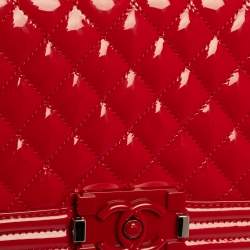 Pre Owned Chanel Red Quilted Patent Leather Medium Boy Flap Bag