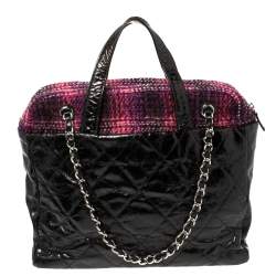 مملوكة مسبقًا حقيبة يد شانيل بورتوبيلو تويد وجلد ممزق لامع أسود