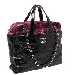 مملو كة مسبقًا حقيبة يد شانيل بورتوبيلو تويد وجلد ممزق لامع أسود