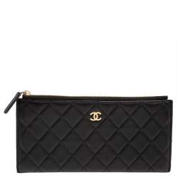 Pre Owned Chanel Black Quilted Leather Flat  Zip Wallet 