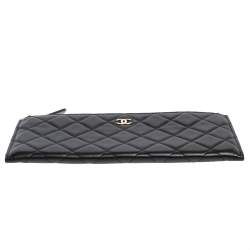 Pre Owned Chanel Black Quilted Leather Flat  Zip Wallet 