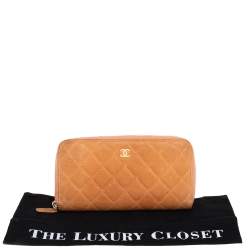 Chanel Orange Quilted Caviar Suede CC Zip Around Wallet