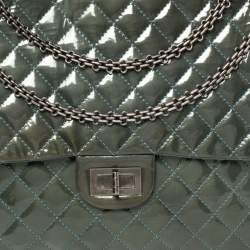 Pre Owned Chanel Teal Blue Quilted Patent Leather XL Maxi Reissue Flap Bag