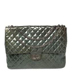 Pre Owned Chanel Teal Blue Quilted Patent Leather XL Maxi Reissue Flap Bag
