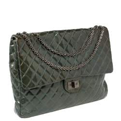 Pre Owned Chanel Teal Blue Quilted Patent Leather XL Maxi Reissue Flap Bag