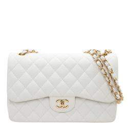 Chanel White Quilted Caviar Leather Classic Jumbo Double Flap Bag