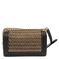 Pre Owned Chanel Black/Beige Quilted Leather and Raffia Medium Boy Flap Bag