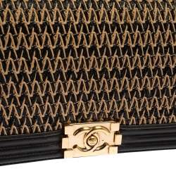 Pre Owned Chanel Black/Beige Quilted Leather and Raffia Medium Boy Flap Bag