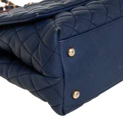 Pre Owned Chanel Navy Blue /Burgundy Caviar Leather and Lizard Medium Coco Top Handle Bag