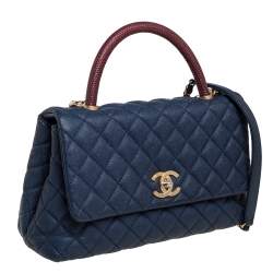 Pre Owned Chanel Navy Blue /Burgundy Caviar Leather and Lizard Medium Coco Top Handle Bag