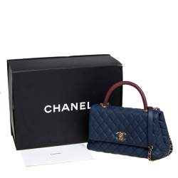 Pre Owned Chanel Navy Blue /Burgundy Caviar Leather and Lizard Medium Coco Top Handle Bag