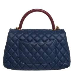 Pre Owned Chanel Navy Blue /Burgundy Caviar Leather and Lizard Medium Coco Top Handle Bag