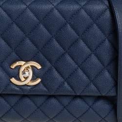 Pre Owned Chanel Navy Blue /Burgundy Caviar Leather and Lizard Medium Coco Top Handle Bag