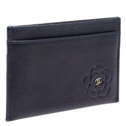 Chanel Navy Blue Leather CC Camellia Embossed Card Holder