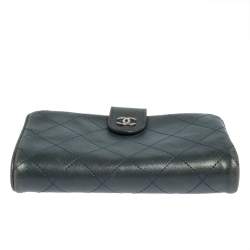 Pre Owned Chanel Teal Green Quilted Lambskin Leather CC French Wallet