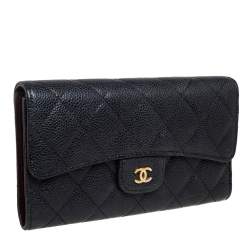 Pre Owned Chanel Black Quilted Caviar Leather Classic Flap Wallet