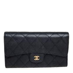 Pre Owned Chanel Black Quilted Caviar Leather Classic Flap Wallet